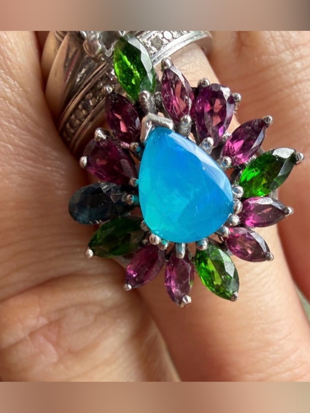 Natural/Real Gems Blue Opal & Garnet Diopside, Blue topaz  Sz7.5 925 stamped - Picture 4 of 17